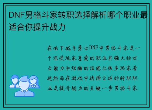DNF男格斗家转职选择解析哪个职业最适合你提升战力