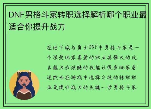 DNF男格斗家转职选择解析哪个职业最适合你提升战力