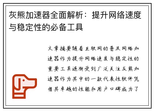 灰熊加速器全面解析：提升网络速度与稳定性的必备工具